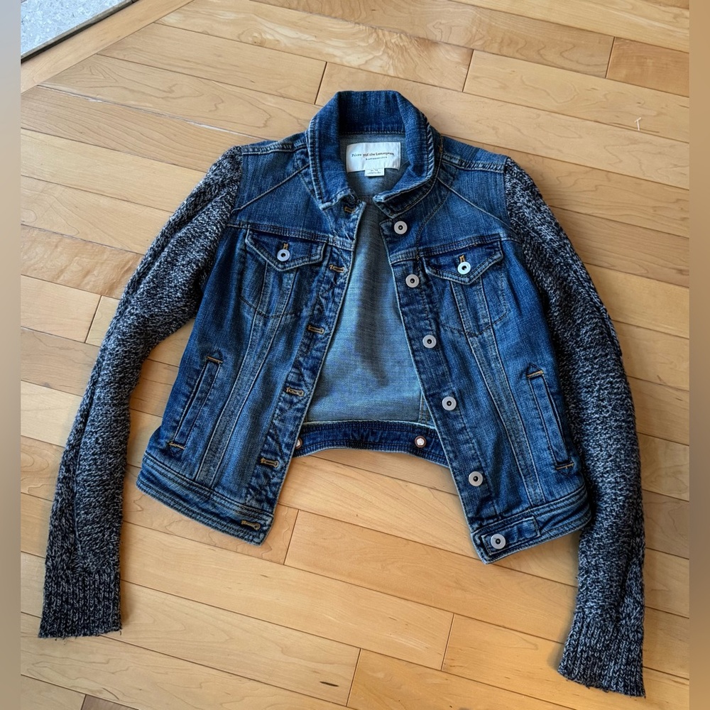 Pilcro Blue Denim Jacket with Gray Knit Sleeves